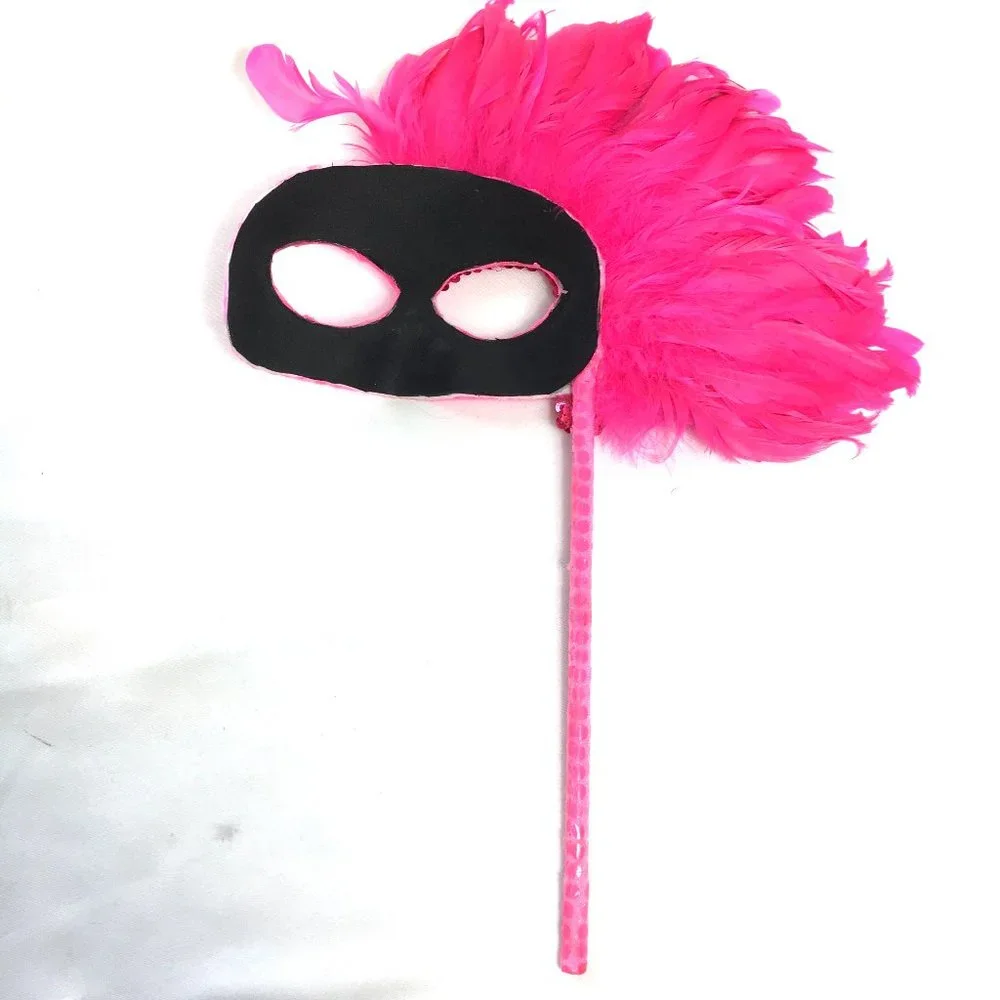 VENETIAN Mask Pink Sequin w Pink Feathers W/ Handle * NWOT NOS